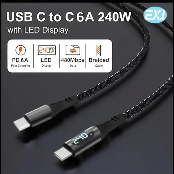 240W Type-C to C Fast Charging Cable - Intelligent Digital Display, Durable Zinc Alloy Nylon Braid, Universal Compatibility for iPhone 16/15, for SamSung, Xiaomi, Google, Computer, Tablet, for iPad, Mobile Phone, and Power Bank PD